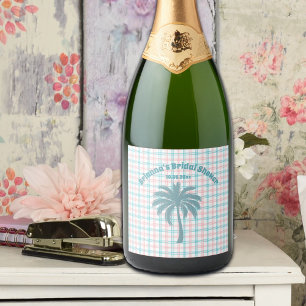 Palm Tree Azure Pink Checkered Bridal Shower Sparkling Wine Label