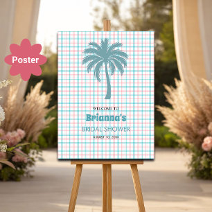 Palm Tree Azure Pink Checkered Bridal Welcome Poster