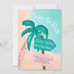 Palm tree beach arrow blue tropical save the date