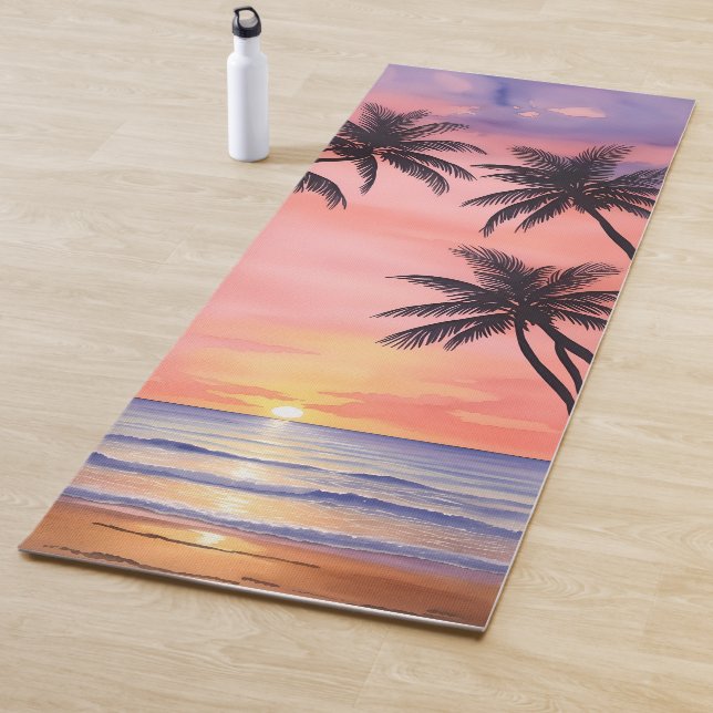 Palm Tree Beach at Sunset Watercolor Painting Yoga Mat (In Situ)