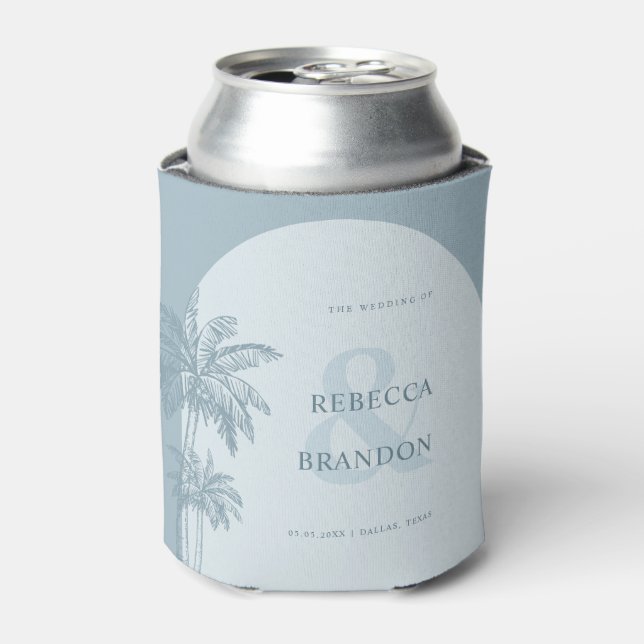 Palm Tree Beach Dusty Blue Nautical Wedding Favor Can Cooler (Can Front)