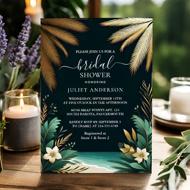 Palm Tree Beach Green And Gold Bridal Shower Invitation (Creator Uploaded)