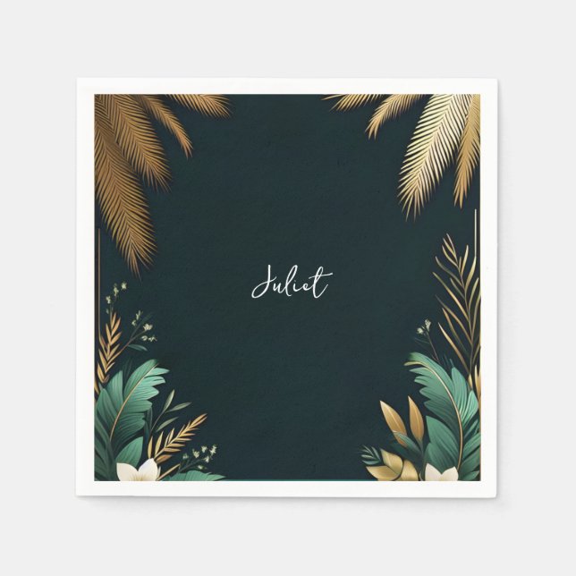 Palm Tree Beach Green And Gold Bridal Shower Napkins (Front)