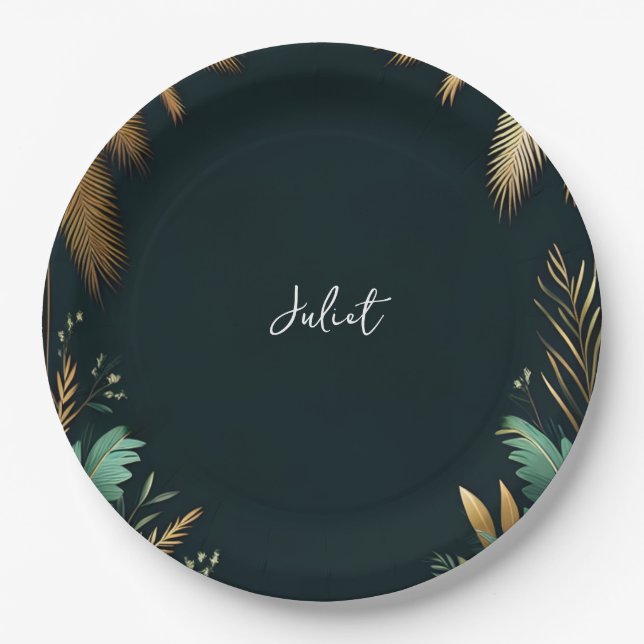 Palm Tree Beach Green And Gold Bridal Shower Paper Plates (Front)