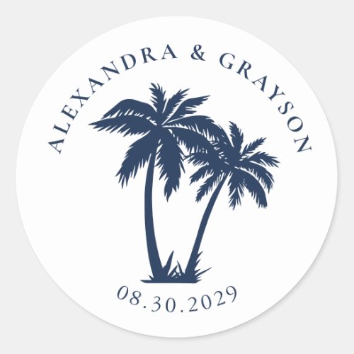 Palm Tree Beach Nautical Navy Wedding  Classic Round Sticker