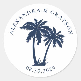 Palm Tree Beach Nautical Navy Wedding Classic Round Sticker
