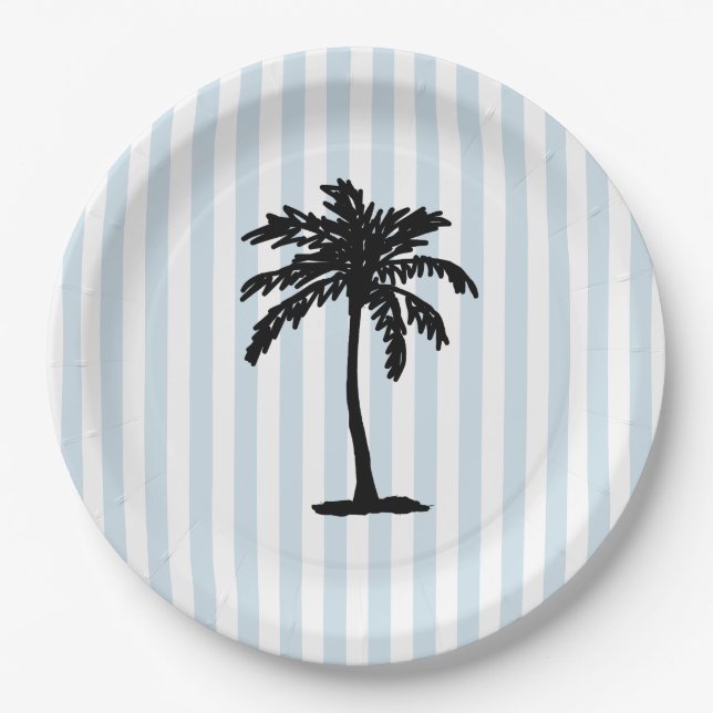 Palm Tree Beach Nautical Stripe Paper Plates (Front)