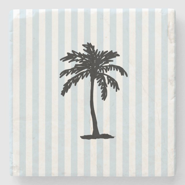 Palm Tree Beach Nautical Stripe Stone Coaster (Front)