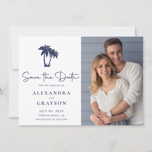 Palm Tree Beach Navy Wedding Save the Date  (Front)