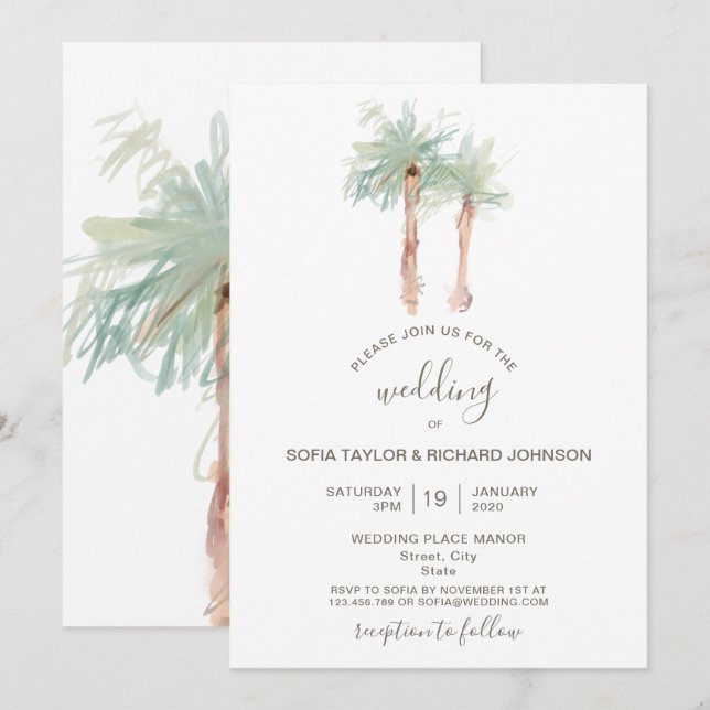 Palm tree beach ocean island tropical invitation (Front/Back)