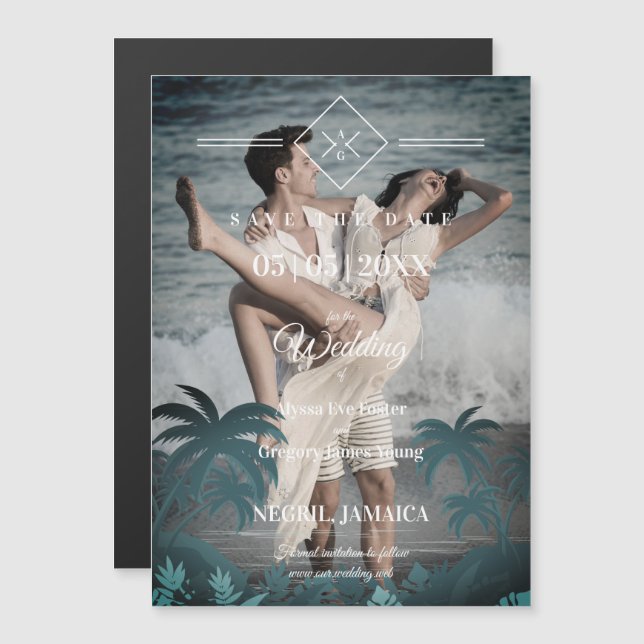 Palm Tree Beach Personalized Photo Engagement Magnetic Invitation (Front/Back)