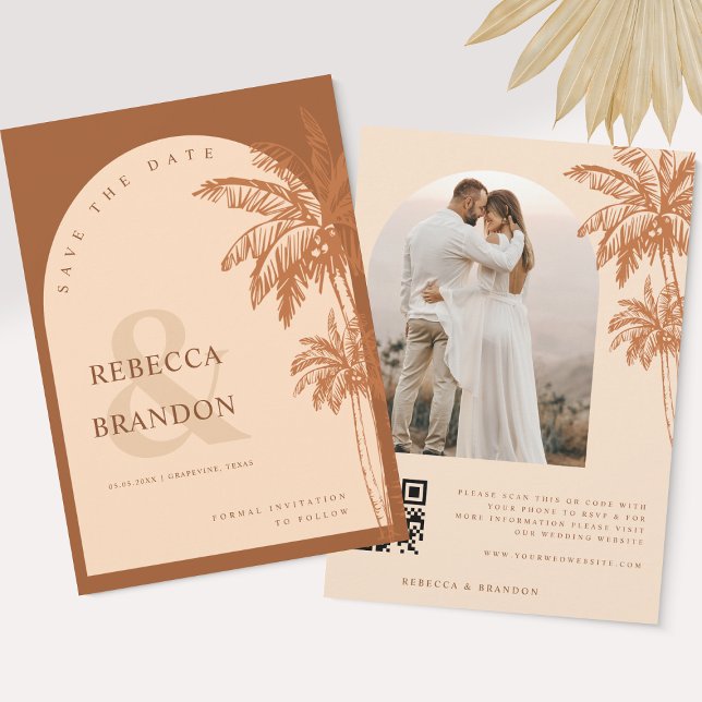 Palm Tree Beach Photo Terracotta QR Code Wedding Save The Date (Creator Uploaded)