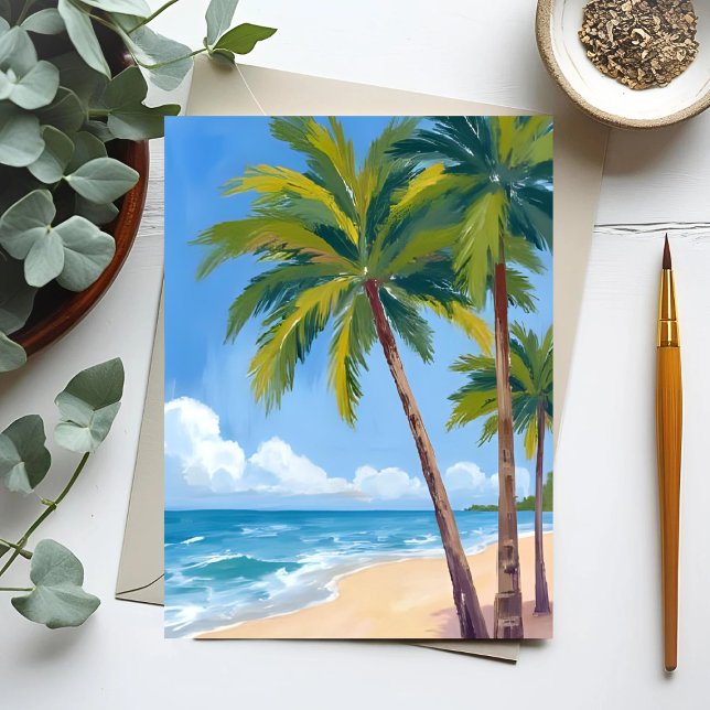 Palm Tree Beach | Tropical Watercolor Blue Card (Creator Uploaded)