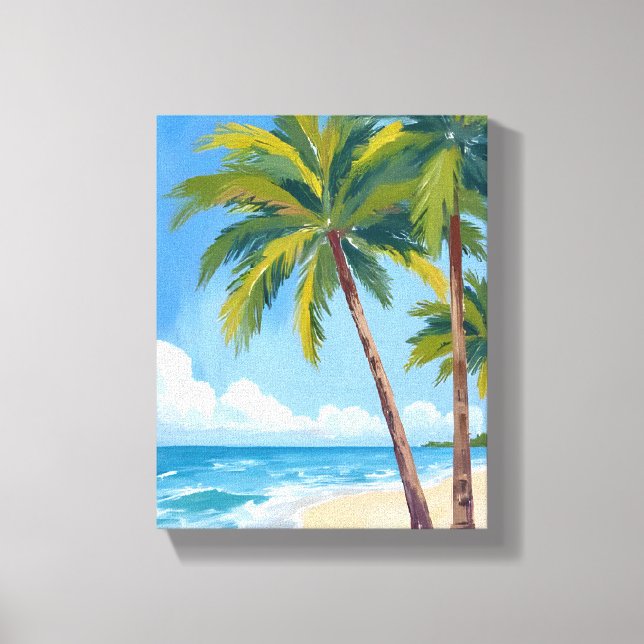 Palm Tree Beach | Tropical Watercolor Blue Sky Canvas Print (Front)