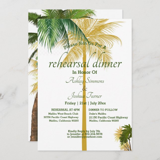 Palm Tree Beach Wedding Rehearsal Dinner Card (Front/Back)
