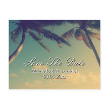 Palm tree beach wedding Save The Date postcards