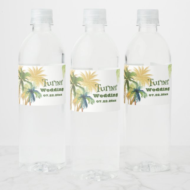 Palm Tree Beach Wedding Water Bottle Label (Bottles)