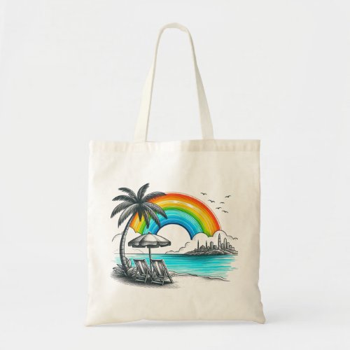 Palm tree beach with beautiful rainbow tote bag