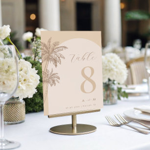 Palm Tree Beige Script Monogram Beach Wedding  Table Number