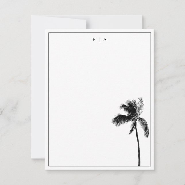 Palm Tree Black & White Minimalist Monogram  Note Card (Front)
