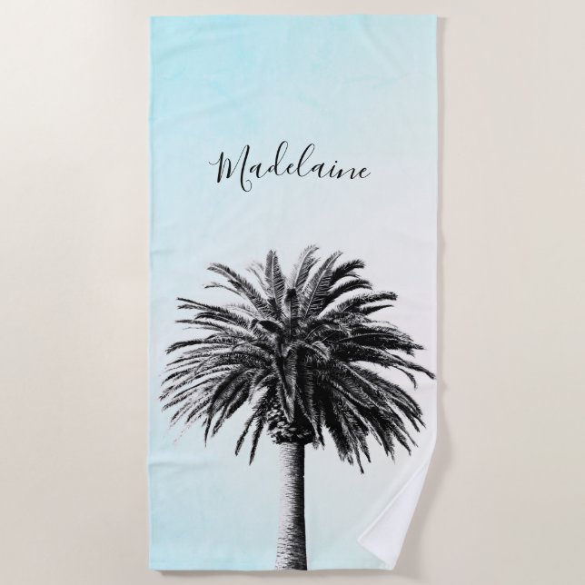 Palm Tree Black White Modern Blue Sky Personal Beach Towel (Front)