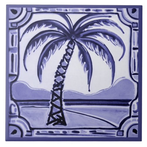 Palm Tree blue and white beach house decor Ceramic Tile