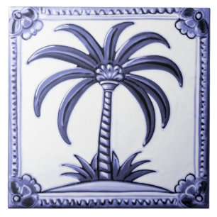 Palm Tree Blue and White Middle Eastern Beach Ceramic Tile