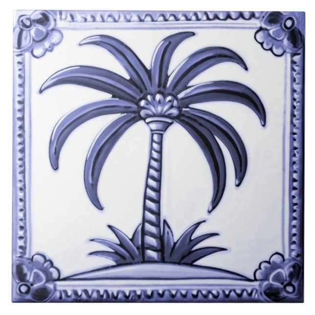 Palm Tree Blue and White Middle Eastern Beach Ceramic Tile (Front)