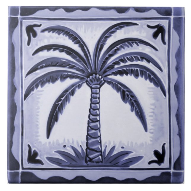 Palm Tree Blue and White Tropical Beach house Ceramic Tile (Front)
