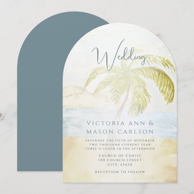 Palm Tree Blue Green Enchantment Coastal Wedding Invitation (Front/Back)
