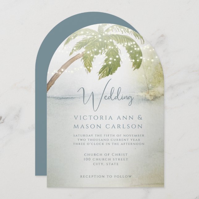Palm Tree Blue Green Enchantment Coastal Wedding Invitation (Front/Back)