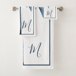 Palm Tree Blue Vintage Tropical Elegant Monogram  Bath Towel Set
