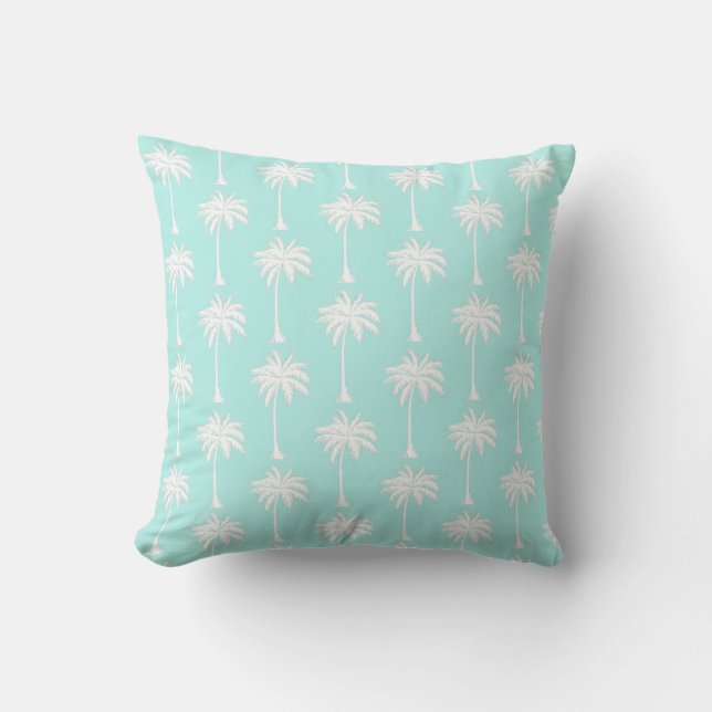 Palm Tree Blue White Outdoor Pillow (Front)