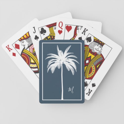 Palm Tree Blue White Tropical Elegant Monogram Playing Cards