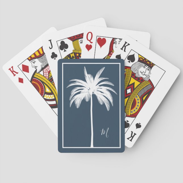Palm Tree Blue White Tropical Elegant Monogram Poker Cards (Back)
