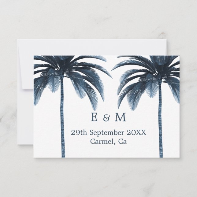 Palm Tree Blue White Wedding Save the Date (Back)