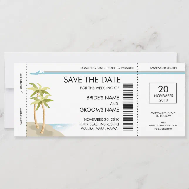 Palm Tree Boarding Pass Save the Date Invitations | Zazzle