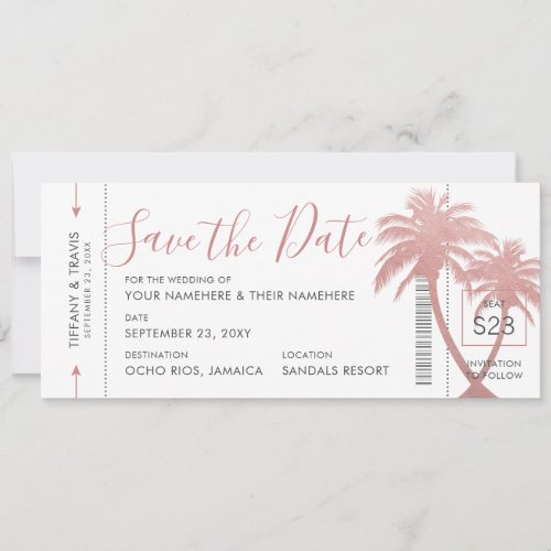 Palm Tree Boarding Pass Ticket Rose Gold Pink Save The Date