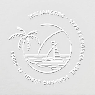Palm Tree Boat Tropical Family Return Address Embosser