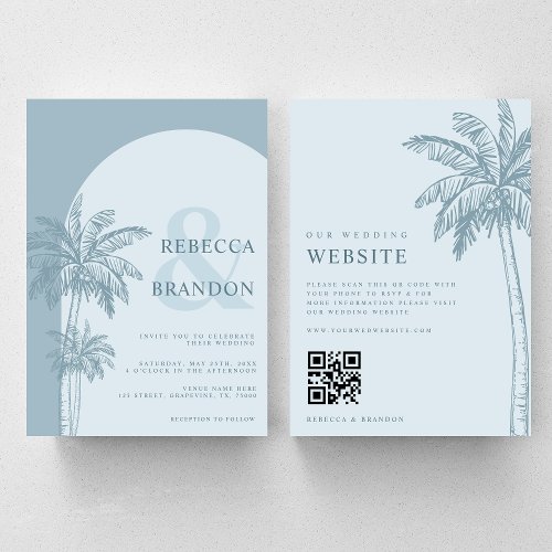 Palm Tree Boho Beach Dusty Blue QR Code Wedding Invitation