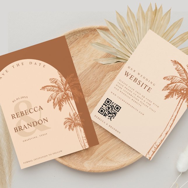 Palm Tree Boho Beach Terracotta QR Code Wedding Save The Date (Creator Uploaded)