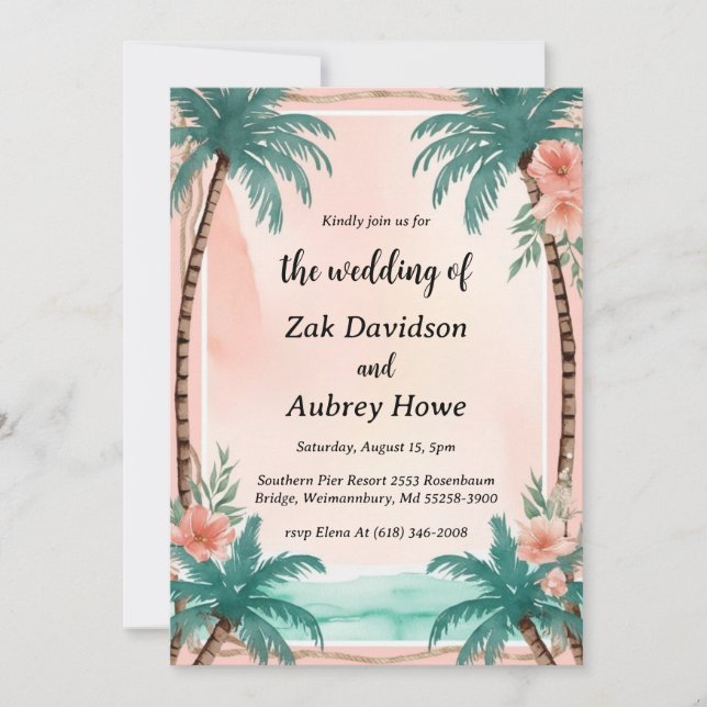 palm tree boho beach wedding invitations (Front)