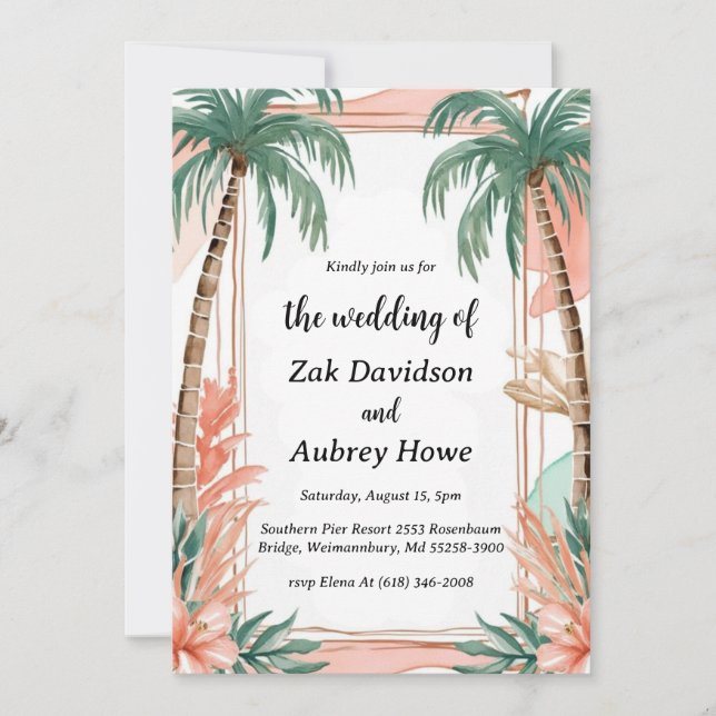 palm tree boho beach wedding invitations (Front)