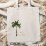 Palm Tree Bridesmaid Bridal Party Minimalist Tote Bag<br><div class="desc">Bridal party gift tote bags with palm tree and dark green text. Minimalist design is a single tall palm tree with two lines of text. Add the name of the bridesmaid, maid of honor, flower girl, or other, which will align to the left. Her title is beneath her name and...</div>