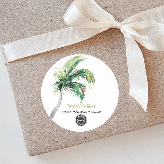 Palm Tree Business Logo Christmas Employee Swag Classic Round Sticker (Christmas Palm Tree Business Logo Greetings Round Sticker)