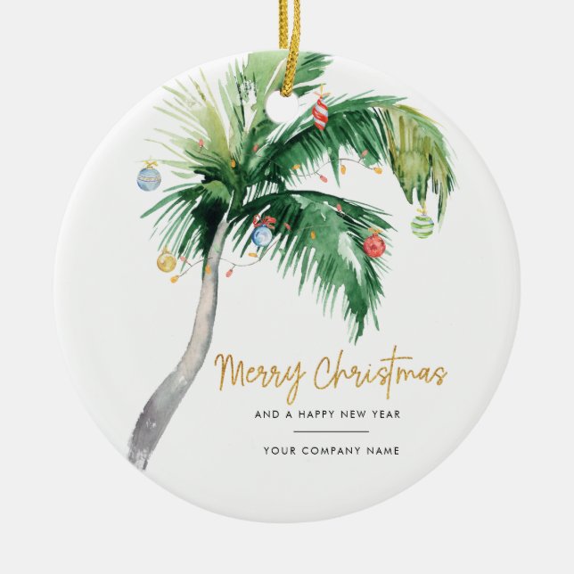 Palm Tree Business Logo Merry Christmas Ceramic Ornament (Front)