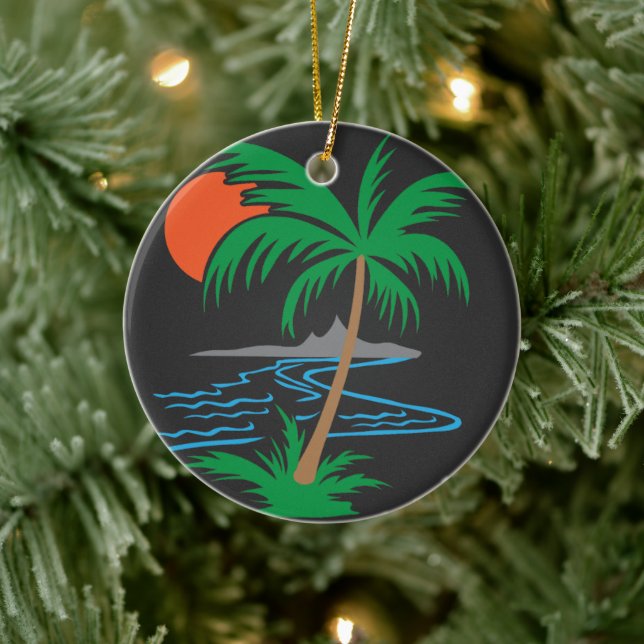 Palm Tree by the River | Tropical Sunset Art Ceramic Ornament (Tree)