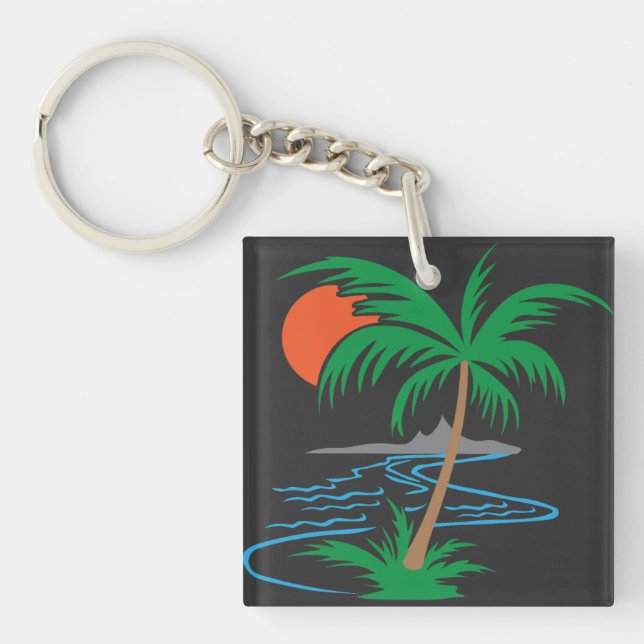 Palm Tree by the River | Tropical Sunset Art Keychain (Front)