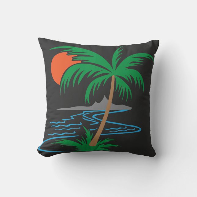 Palm Tree by the River | Tropical Sunset Art Throw Pillow (Front)