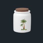 Palm Tree Candy Jars 10oz<br><div class="desc">Palm tree with double trunk on a small mound of land. To change background color clik on "customize" then "edit".</div>
